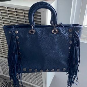 Dark Blue Boho Leather Tote Bag (w/ fringes) Large